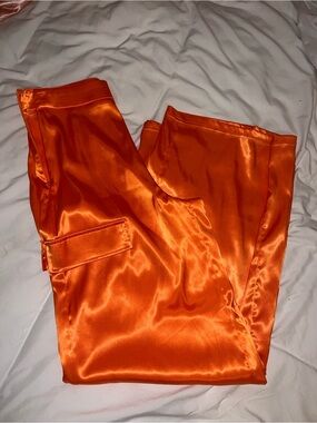 Vibrant Satin Orange Wide Leg Cargo Pants